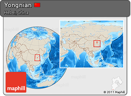 Shaded Relief Location Map of Yongnian, within the entire country
