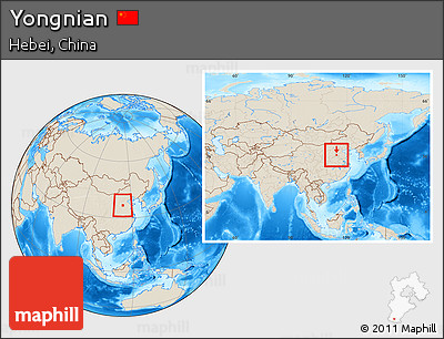 Shaded Relief Location Map of Yongnian, within the entire country