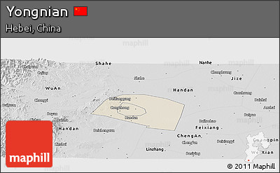 Shaded Relief Panoramic Map of Yongnian, desaturated