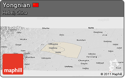 Shaded Relief Panoramic Map of Yongnian, desaturated
