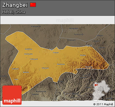 Physical 3D Map of Zhangbei, darken, semi-desaturated