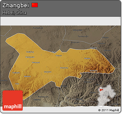 Physical 3D Map of Zhangbei, darken, semi-desaturated