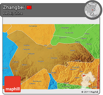 Physical 3D Map of Zhangbei, political outside