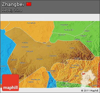 Physical 3D Map of Zhangbei, political outside
