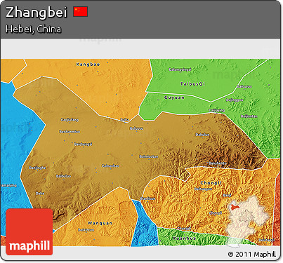 Physical 3D Map of Zhangbei, political outside