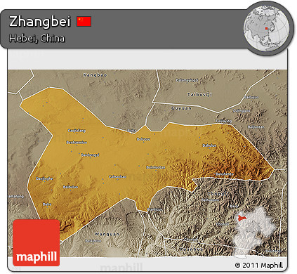 Physical 3D Map of Zhangbei, semi-desaturated