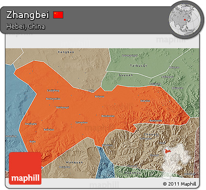 Political 3D Map of Zhangbei, semi-desaturated