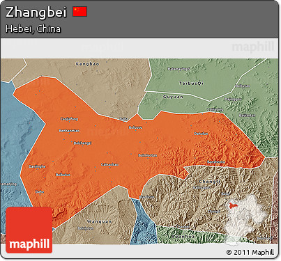 Political 3D Map of Zhangbei, semi-desaturated