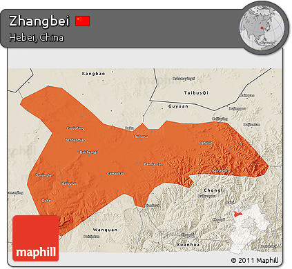 Political 3D Map of Zhangbei, shaded relief outside