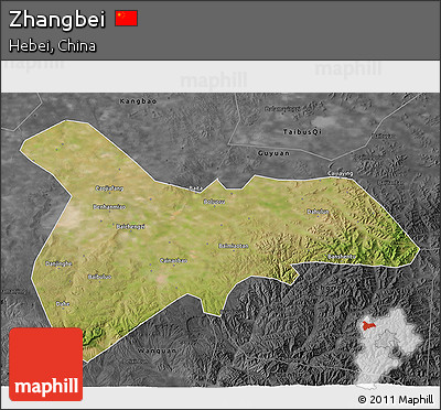 Satellite 3D Map of Zhangbei, darken, desaturated