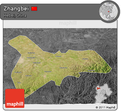 Satellite 3D Map of Zhangbei, darken, desaturated