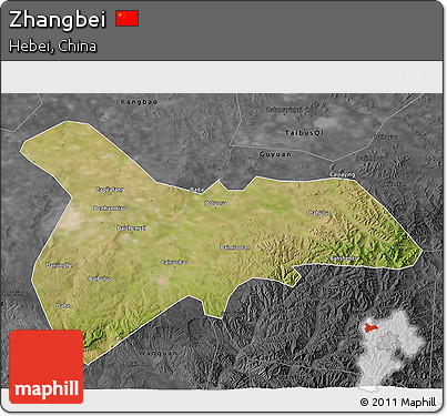Satellite 3D Map of Zhangbei, darken, desaturated