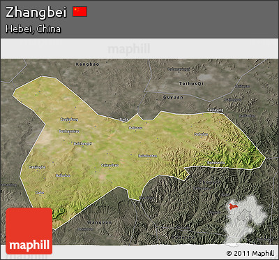 Satellite 3D Map of Zhangbei, darken, semi-desaturated