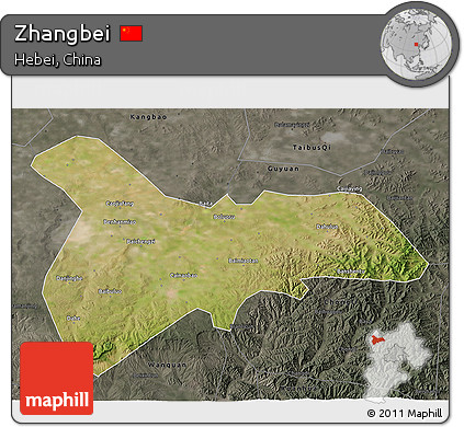 Satellite 3D Map of Zhangbei, darken, semi-desaturated