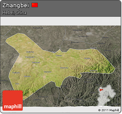 Satellite 3D Map of Zhangbei, darken, semi-desaturated