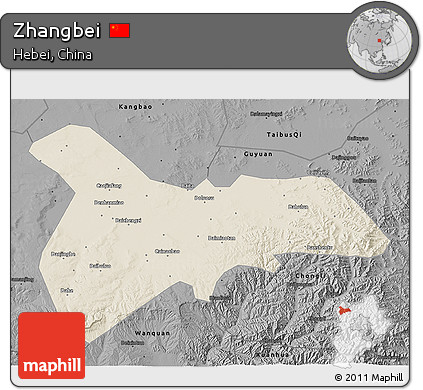 Shaded Relief 3D Map of Zhangbei, darken, desaturated