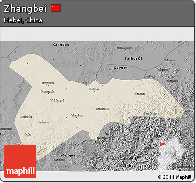 Shaded Relief 3D Map of Zhangbei, darken, desaturated