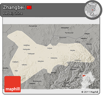 Shaded Relief 3D Map of Zhangbei, darken, semi-desaturated
