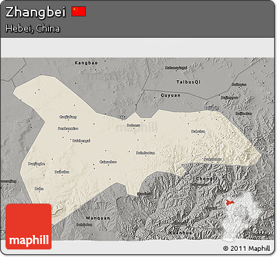 Shaded Relief 3D Map of Zhangbei, darken, semi-desaturated