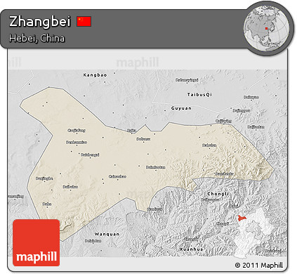 Shaded Relief 3D Map of Zhangbei, desaturated