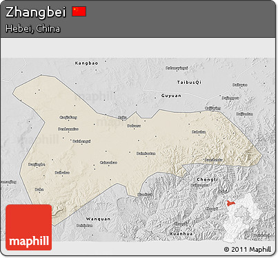 Shaded Relief 3D Map of Zhangbei, desaturated