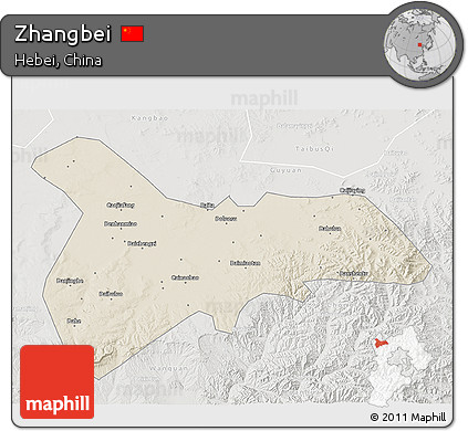 Shaded Relief 3D Map of Zhangbei, lighten, semi-desaturated