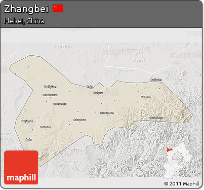 Shaded Relief 3D Map of Zhangbei, lighten, semi-desaturated