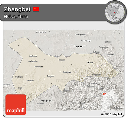 Shaded Relief 3D Map of Zhangbei, semi-desaturated