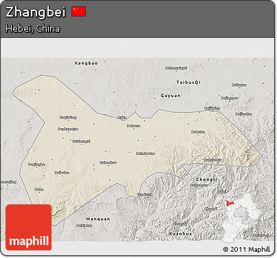 Shaded Relief 3D Map of Zhangbei, semi-desaturated