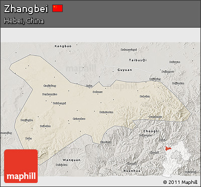 Shaded Relief 3D Map of Zhangbei, semi-desaturated