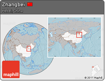 Gray Location Map of Zhangbei, highlighted country, within the entire country, hill shading