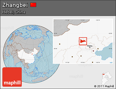Gray Location Map of Zhangbei, highlighted country, hill shading