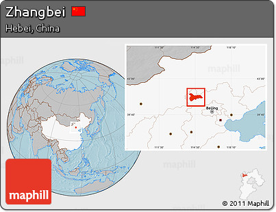 Gray Location Map of Zhangbei, highlighted country, hill shading