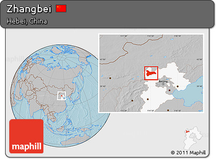 Gray Location Map of Zhangbei, highlighted parent region, hill shading
