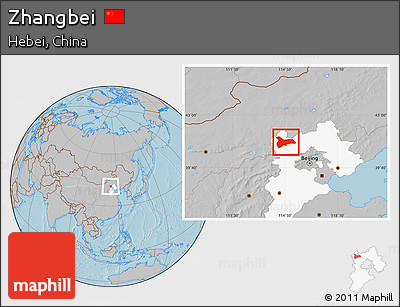 Gray Location Map of Zhangbei, highlighted parent region, hill shading