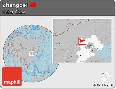 Gray Location Map of Zhangbei, highlighted parent region, hill shading