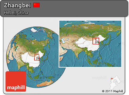 Satellite Location Map of Zhangbei, highlighted country, highlighted parent region, within the entire country