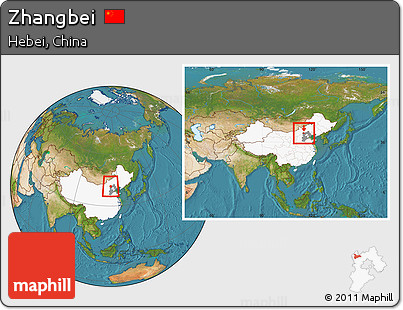 Satellite Location Map of Zhangbei, highlighted country, highlighted parent region, within the entire country