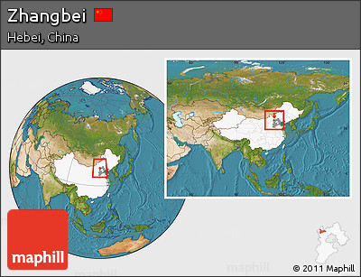 Satellite Location Map of Zhangbei, highlighted country, highlighted parent region, within the entire country