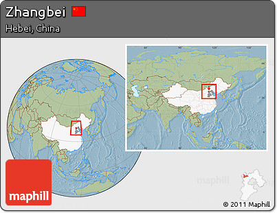 Savanna Style Location Map of Zhangbei, highlighted country, highlighted parent region, within the entire country, hill shading