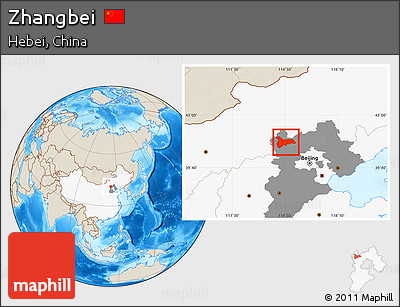 Shaded Relief Location Map of Zhangbei, highlighted country, highlighted parent region