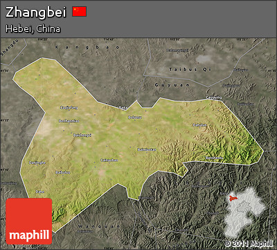 Satellite Map of Zhangbei, darken, semi-desaturated