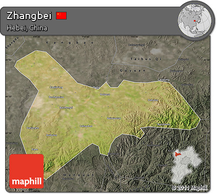 Satellite Map of Zhangbei, darken, semi-desaturated