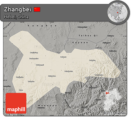 Shaded Relief Map of Zhangbei, darken, semi-desaturated