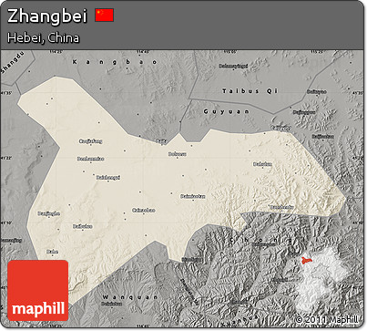 Shaded Relief Map of Zhangbei, darken, semi-desaturated