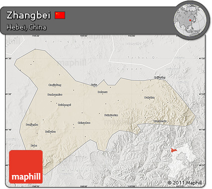 Shaded Relief Map of Zhangbei, lighten, semi-desaturated