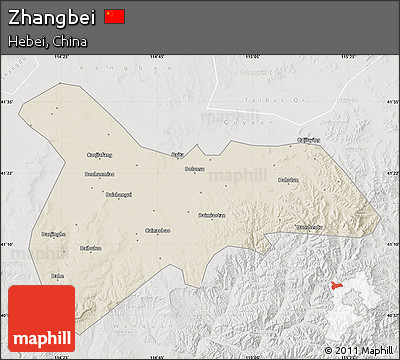Shaded Relief Map of Zhangbei, lighten, semi-desaturated