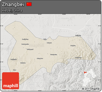 Shaded Relief Map of Zhangbei, lighten, semi-desaturated