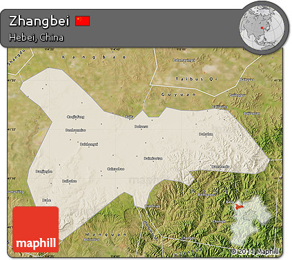 Shaded Relief Map of Zhangbei, satellite outside