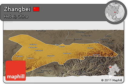 Physical Panoramic Map of Zhangbei, darken, semi-desaturated